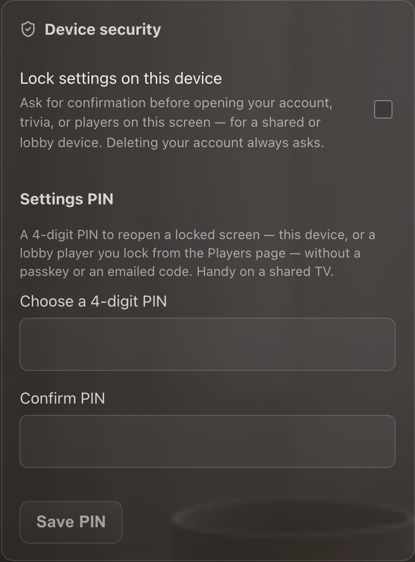 Segurança do dispositivo na página da conta: bloqueie esta tela e defina um PIN para reabri-la.