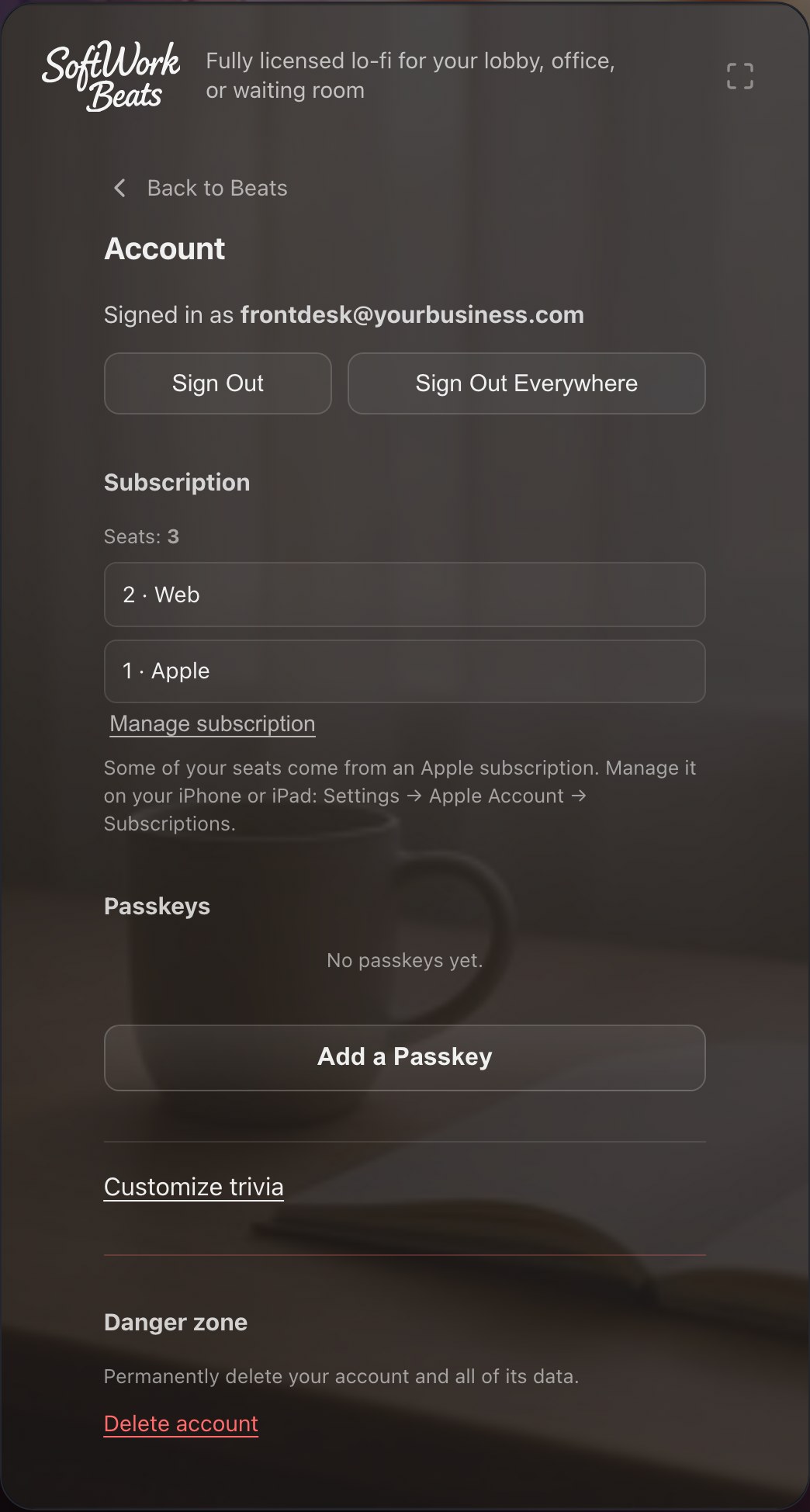 The account page shows your seats and where each one comes from.