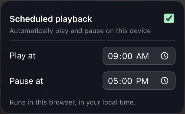 The playback schedule on the web player — daily play and pause times, per device.