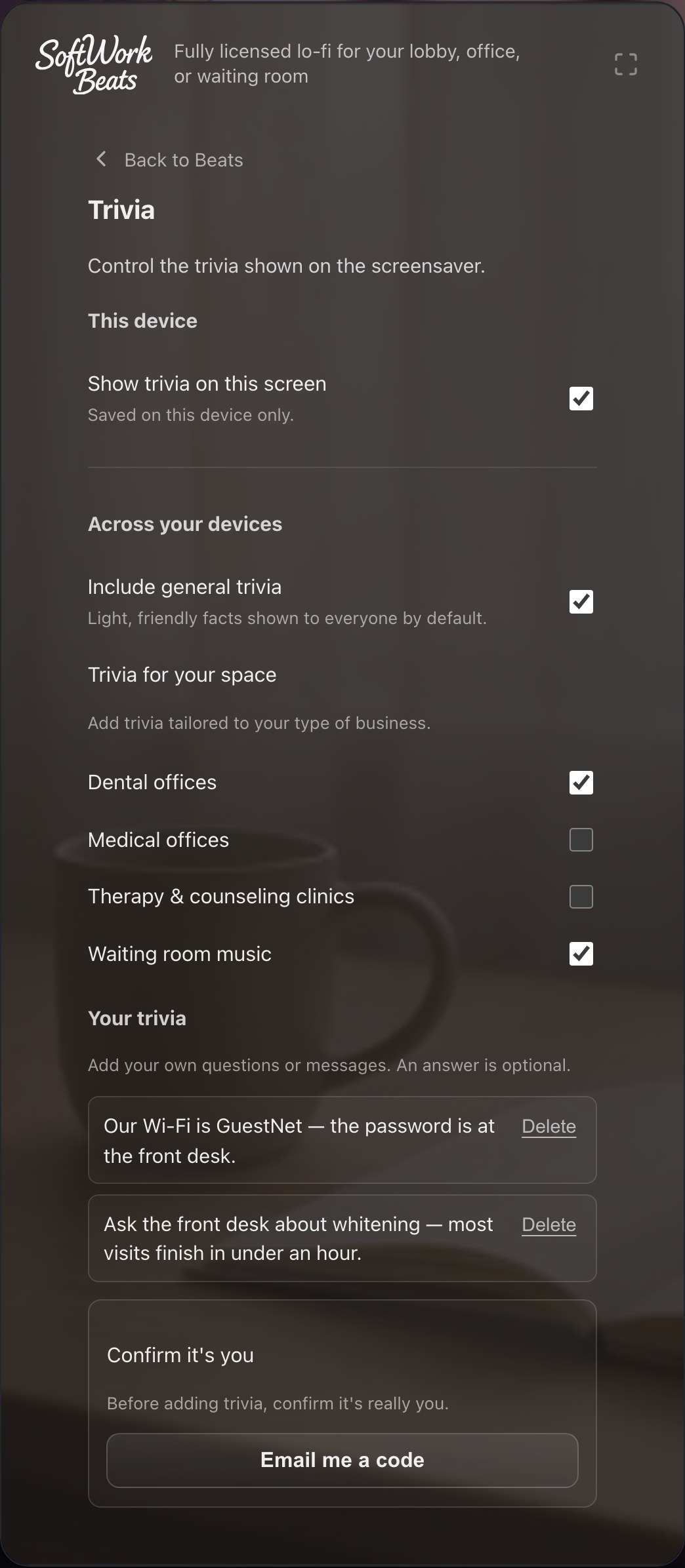 Trivia settings: the per-screen toggle, your segments, and your own messages.
